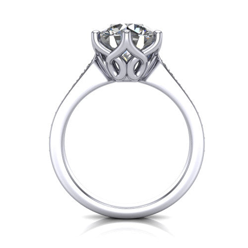 Annalise round classic solitaire engagement ring in 18K White Gold, through-finger front profile showing the filigree basket beneath the round center
