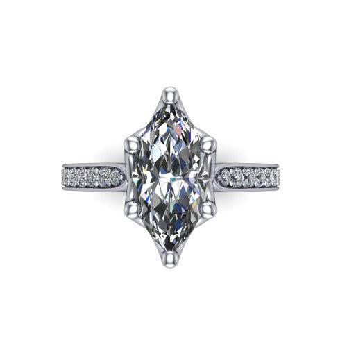 Annalise marquise classic solitaire engagement ring in Platinum, top-down view showing the six-prong marquise center and the pav&eacute; diamond shoulders
