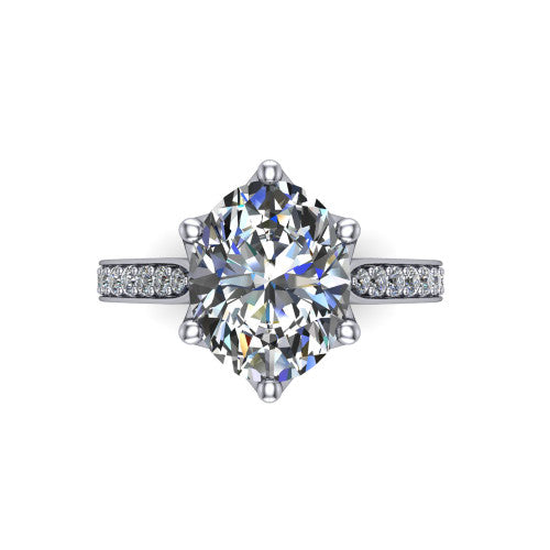 Annalise oval classic solitaire engagement ring in 18K White Gold, top-down view showing the six-prong oval center and the pav&eacute; diamond shoulders