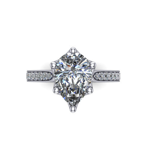 Annalise pear classic solitaire engagement ring in 14K White Gold, top-down view showing the six-prong pear center and the pav&eacute; diamond shoulders