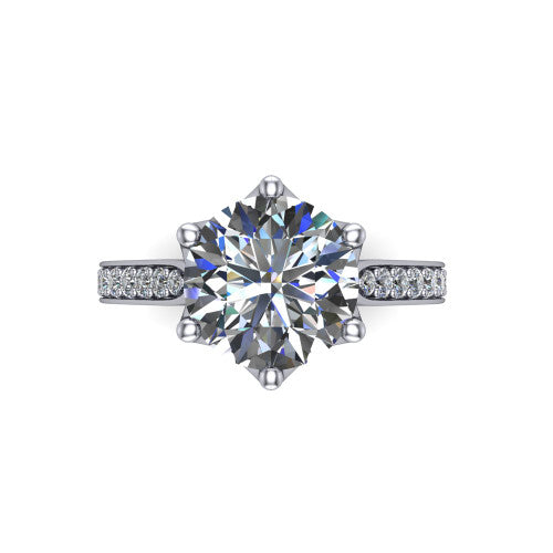Annalise round classic solitaire engagement ring in 18K White Gold, top-down view showing the six-prong round center and the pav&eacute; diamond shoulders