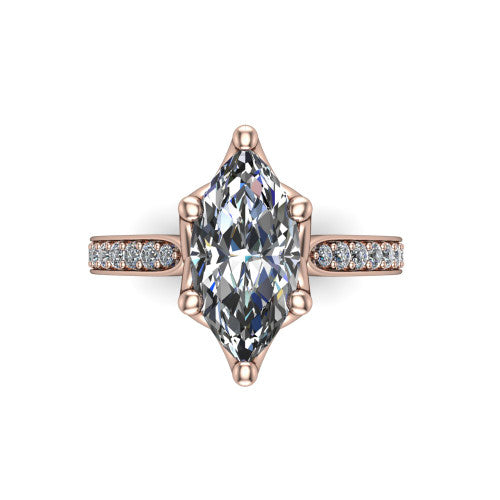 Annalise marquise classic solitaire engagement ring in 18K Rose Gold, top-down view showing the six-prong marquise center and the pav&eacute; diamond shoulders