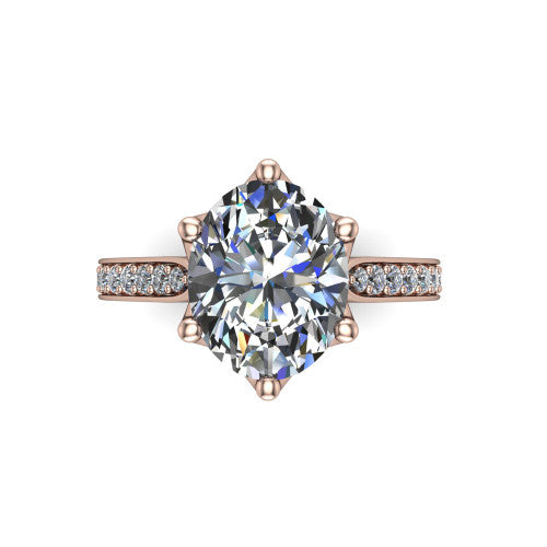 Annalise oval classic solitaire engagement ring in 18K Rose Gold, top-down view showing the six-prong oval center and the pav&eacute; diamond shoulders