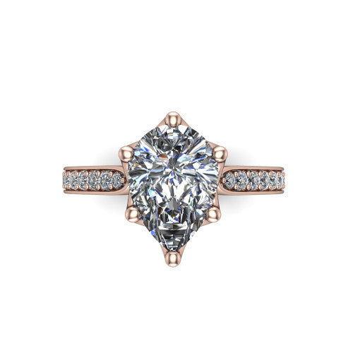 Annalise pear classic solitaire engagement ring in 14K Rose Gold, top-down view showing the six-prong pear center and the pav&eacute; diamond shoulders