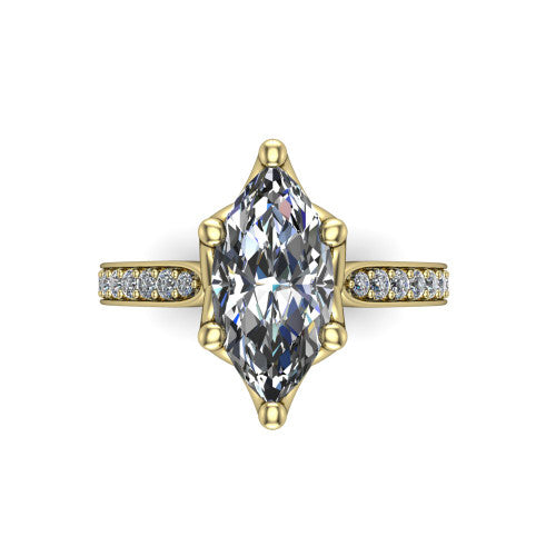 Annalise marquise classic solitaire engagement ring in 18K Yellow Gold, top-down view showing the six-prong marquise center and the pav&eacute; diamond shoulders