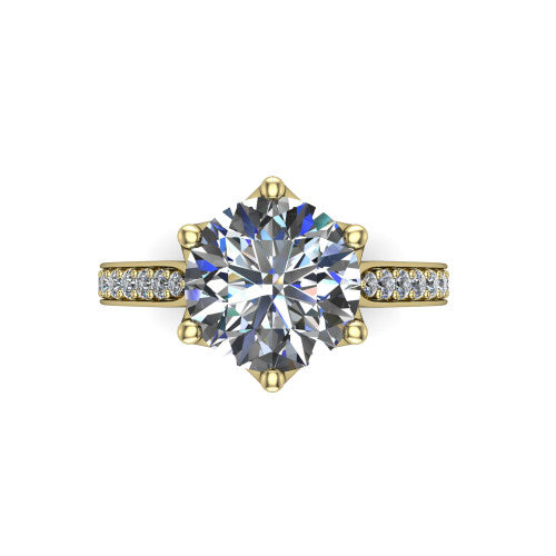 Annalise round classic solitaire engagement ring in 18K Yellow Gold, top-down view showing the six-prong round center and the pav&eacute; diamond shoulders