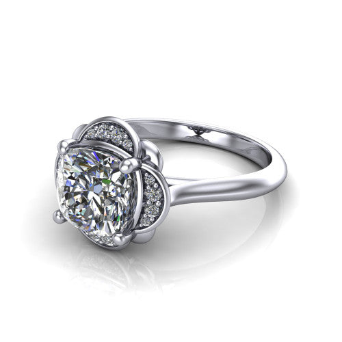 Anaya cushion hidden halo engagement ring in 14K White Gold, three-quarter perspective showing the cushion center above a round pav&eacute; under-halo on a plain band