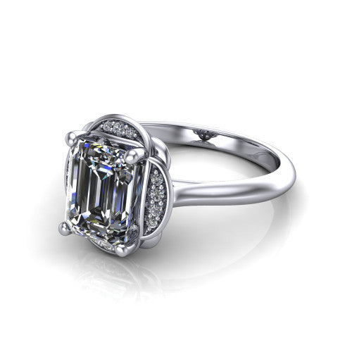 Anaya emerald hidden halo engagement ring in 14K White Gold, three-quarter perspective showing the emerald center above a round pav&eacute; under-halo on a plain band