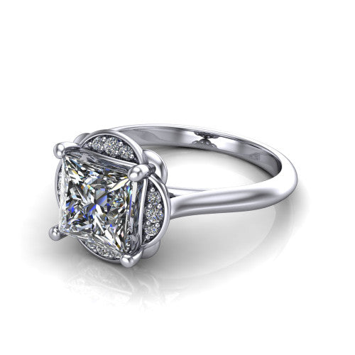 Anaya princess hidden halo engagement ring in 14K White Gold, three-quarter perspective showing the princess center above a round pav&eacute; under-halo on a plain band