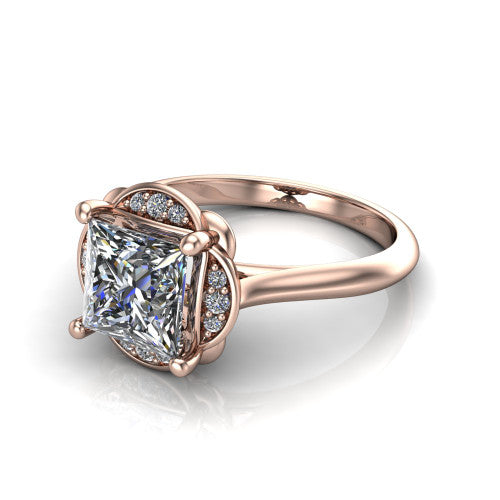 Anaya princess hidden halo engagement ring in 18K Rose Gold, three-quarter perspective showing the princess center above a round pav&eacute; under-halo on a plain band