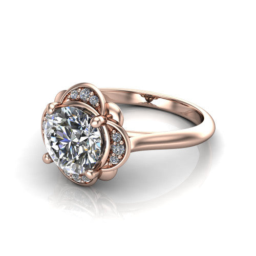 Anaya round hidden halo engagement ring in 14K Rose Gold, three-quarter perspective showing the round center above a round pav&eacute; under-halo on a plain band