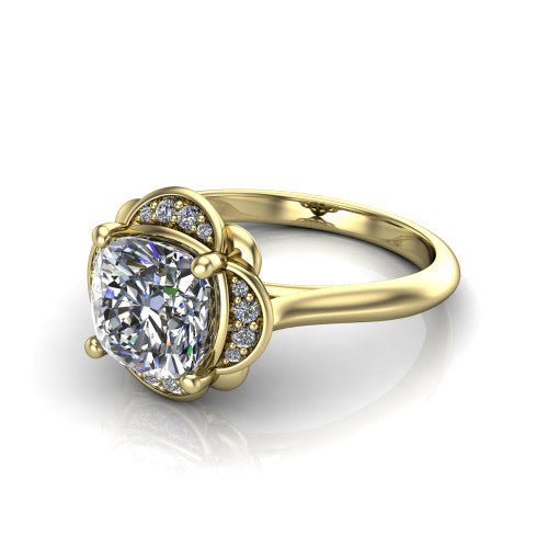 Anaya cushion hidden halo engagement ring in 14K Yellow Gold, three-quarter perspective showing the cushion center above a round pav&eacute; under-halo on a plain band