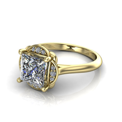 Anaya princess hidden halo engagement ring in 14K Yellow Gold, three-quarter perspective showing the princess center above a round pav&eacute; under-halo on a plain band