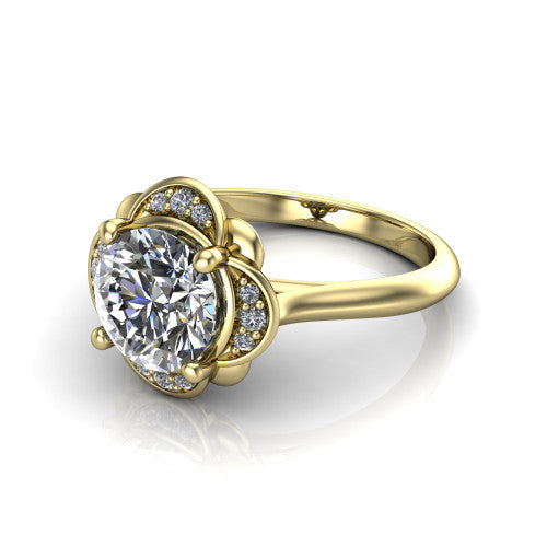Anaya round hidden halo engagement ring in 18K Yellow Gold, three-quarter perspective showing the round center above a round pav&eacute; under-halo on a plain band