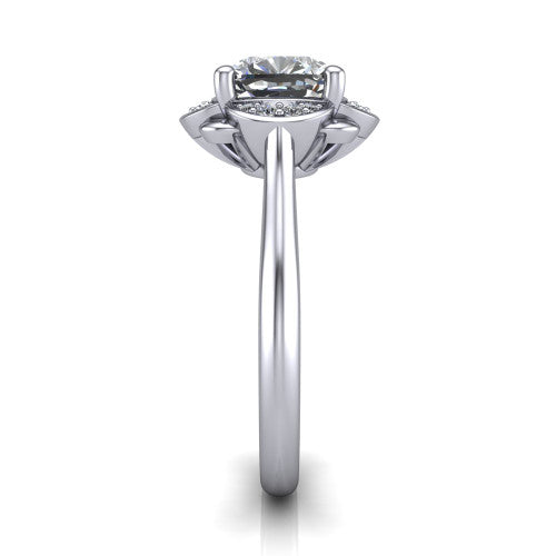 Anaya cushion hidden halo engagement ring in Platinum, side profile showing the round pav&eacute; halo collar and the plain polished band in profile
