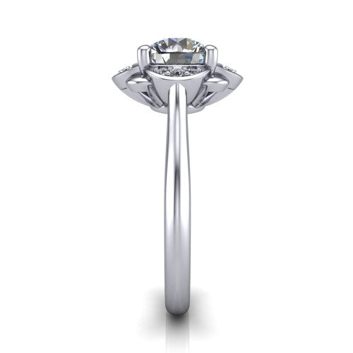 Anaya round hidden halo engagement ring in Platinum, side profile showing the round pav&eacute; halo collar and the plain polished band in profile