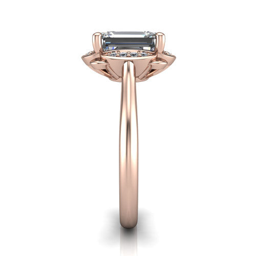 Anaya emerald hidden halo engagement ring in 14K Rose Gold, side profile showing the round pav&eacute; halo collar and the plain polished band in profile