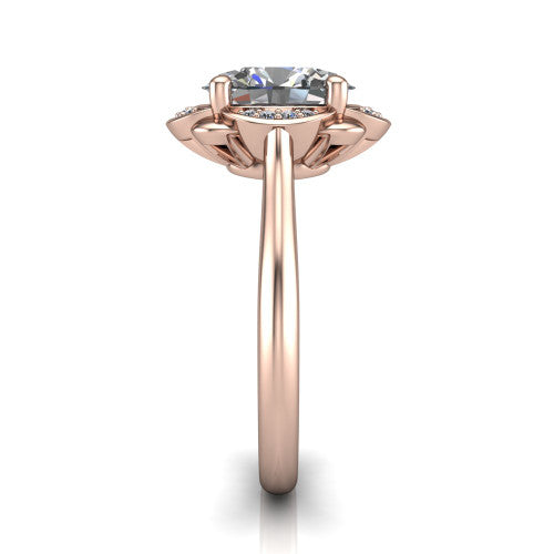 Anaya oval hidden halo engagement ring in 18K Rose Gold, side profile showing the round pav&eacute; halo collar and the plain polished band in profile