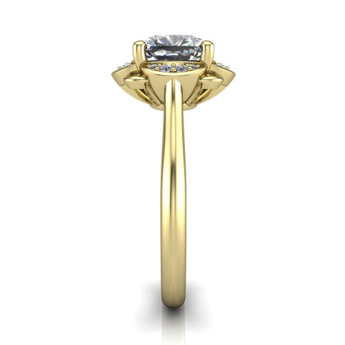 Anaya cushion hidden halo engagement ring in 18K Yellow Gold, side profile showing the round pav&eacute; halo collar and the plain polished band in profile