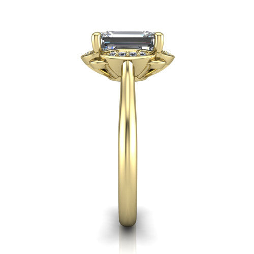 Anaya emerald hidden halo engagement ring in 18K Yellow Gold, side profile showing the round pav&eacute; halo collar and the plain polished band in profile