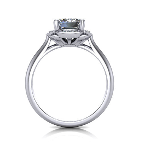 Anaya emerald hidden halo engagement ring in Platinum, through-finger front profile showing the round under-halo collar beneath the emerald center and the plain band