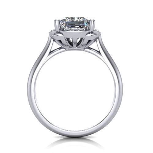 Anaya princess hidden halo engagement ring in Platinum, through-finger front profile showing the round under-halo collar beneath the princess center and the plain band