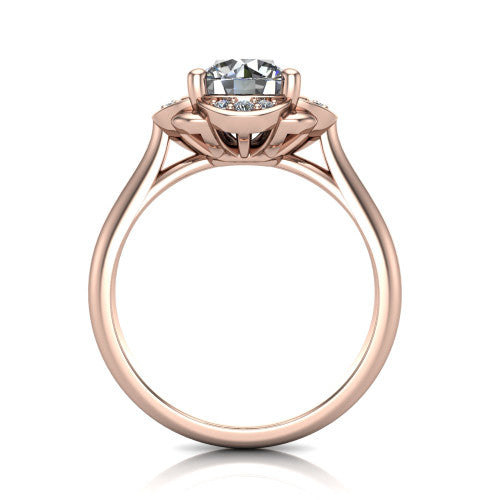 Anaya round hidden halo engagement ring in 18K Rose Gold, through-finger front profile showing the round under-halo collar beneath the round center and the plain band