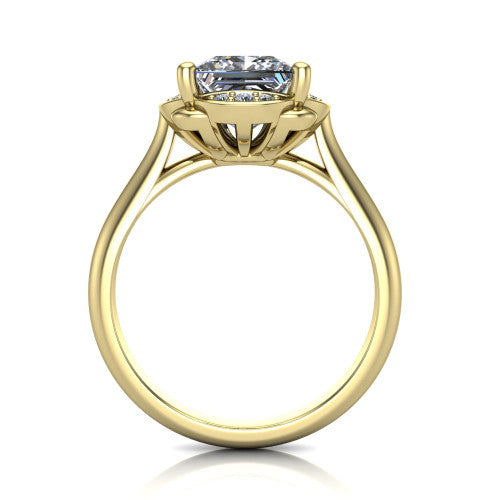 Anaya princess hidden halo engagement ring in 14K Yellow Gold, through-finger front profile showing the round under-halo collar beneath the princess center and the plain band