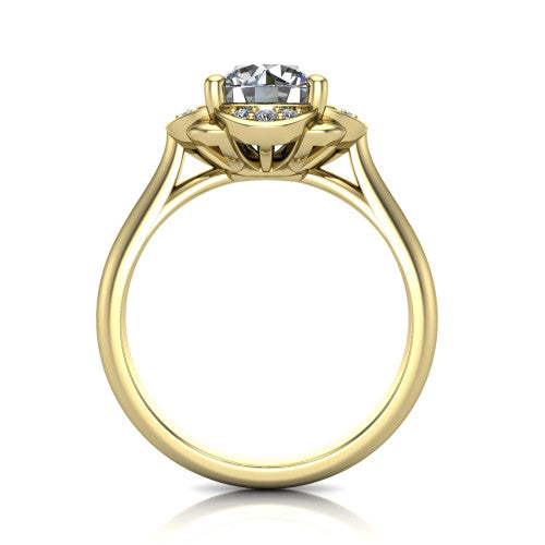 Anaya round hidden halo engagement ring in 14K Yellow Gold, through-finger front profile showing the round under-halo collar beneath the round center and the plain band