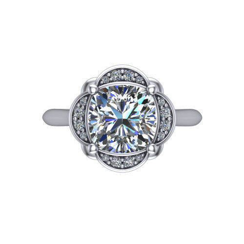 Anaya cushion hidden halo engagement ring in Platinum, top-down view showing the compass prongs and round pav&eacute; halo framing the cushion center