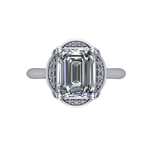 Anaya emerald hidden halo engagement ring in 18K White Gold, top-down view showing the compass prongs and round pav&eacute; halo framing the emerald center