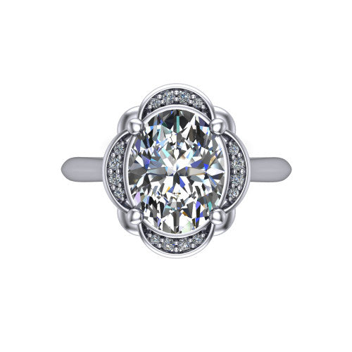 Anaya oval hidden halo engagement ring in 18K White Gold, top-down view showing the compass prongs and round pav&eacute; halo framing the oval center