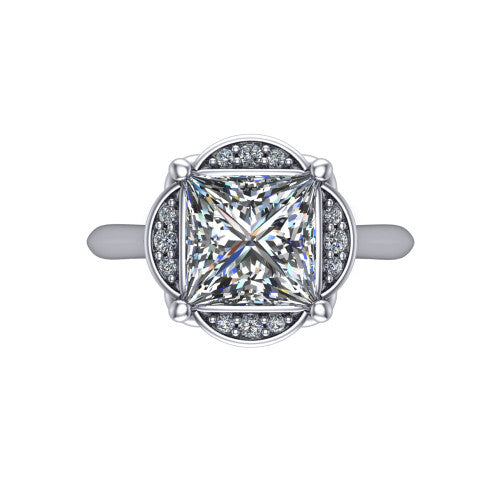 Anaya princess hidden halo engagement ring in 14K White Gold, top-down view showing the compass prongs and round pav&eacute; halo framing the princess center