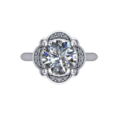 Anaya round hidden halo engagement ring in Platinum, top-down view showing the compass prongs and round pav&eacute; halo framing the round center