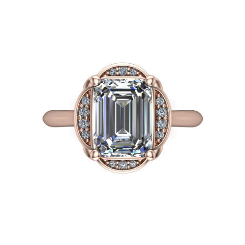 Anaya emerald hidden halo engagement ring in 14K Rose Gold, top-down view showing the compass prongs and round pav&eacute; halo framing the emerald center
