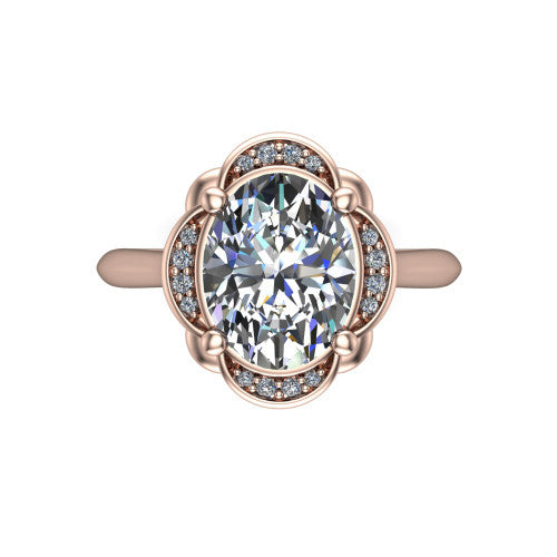 Anaya oval hidden halo engagement ring in 18K Rose Gold, top-down view showing the compass prongs and round pav&eacute; halo framing the oval center