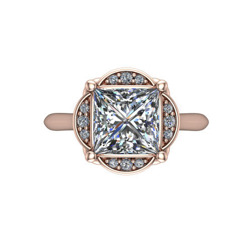 Anaya princess hidden halo engagement ring in 18K Rose Gold, top-down view showing the compass prongs and round pav&eacute; halo framing the princess center