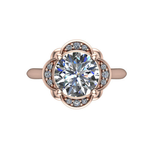 Anaya round hidden halo engagement ring in 14K Rose Gold, top-down view showing the compass prongs and round pav&eacute; halo framing the round center