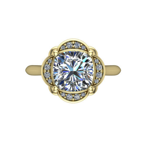 Anaya cushion hidden halo engagement ring in 18K Yellow Gold, top-down view showing the compass prongs and round pav&eacute; halo framing the cushion center