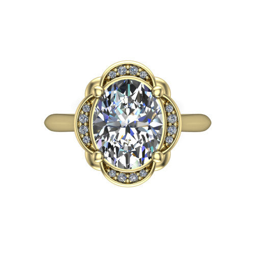 Anaya oval hidden halo engagement ring in 18K Yellow Gold, top-down view showing the compass prongs and round pav&eacute; halo framing the oval center