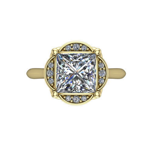 Anaya princess hidden halo engagement ring in 18K Yellow Gold, top-down view showing the compass prongs and round pav&eacute; halo framing the princess center