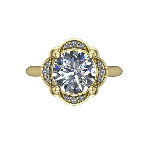 Anaya round hidden halo engagement ring in 18K Yellow Gold, top-down view showing the compass prongs and round pav&eacute; halo framing the round center