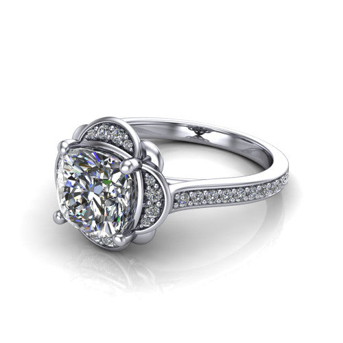 Sabrina cushion hidden halo engagement ring in Platinum, three-quarter perspective showing the cushion center above a round pav&eacute; under-halo on a pav&eacute; band
