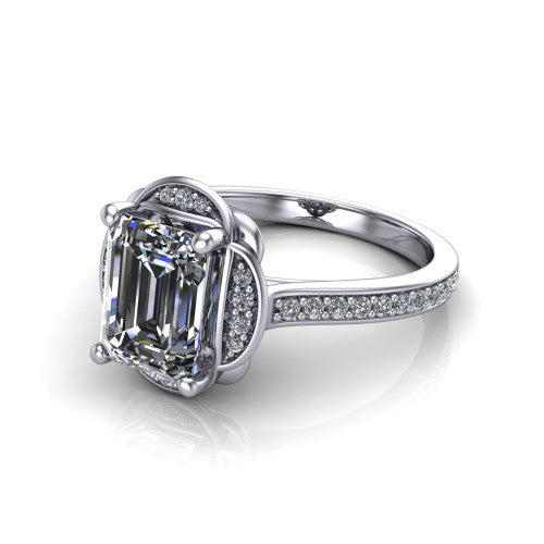 Sabrina emerald hidden halo engagement ring in 18K White Gold, three-quarter perspective showing the emerald center above a round pav&eacute; under-halo on a pav&eacute; band