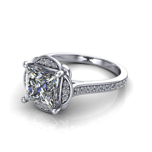 Sabrina princess hidden halo engagement ring in Platinum, three-quarter perspective showing the princess center above a round pav&eacute; under-halo on a pav&eacute; band