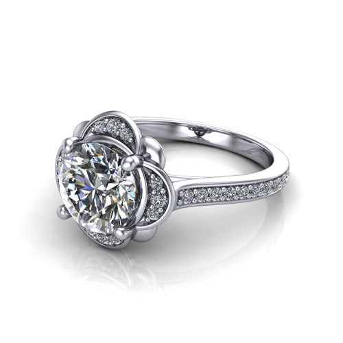 Sabrina round hidden halo engagement ring in Platinum, three-quarter perspective showing the round center above a round pav&eacute; under-halo on a pav&eacute; band