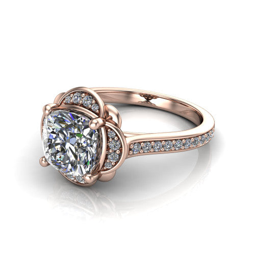 Sabrina cushion hidden halo engagement ring in 18K Rose Gold, three-quarter perspective showing the cushion center above a round pav&eacute; under-halo on a pav&eacute; band