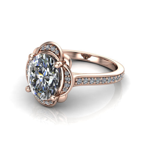 Sabrina oval hidden halo engagement ring in 18K Rose Gold, three-quarter perspective showing the oval center above a round pav&eacute; under-halo on a pav&eacute; band