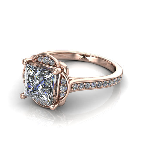 Sabrina princess hidden halo engagement ring in 14K Rose Gold, three-quarter perspective showing the princess center above a round pav&eacute; under-halo on a pav&eacute; band