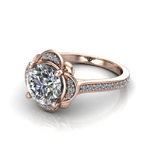 Sabrina round hidden halo engagement ring in 14K Rose Gold, three-quarter perspective showing the round center above a round pav&eacute; under-halo on a pav&eacute; band